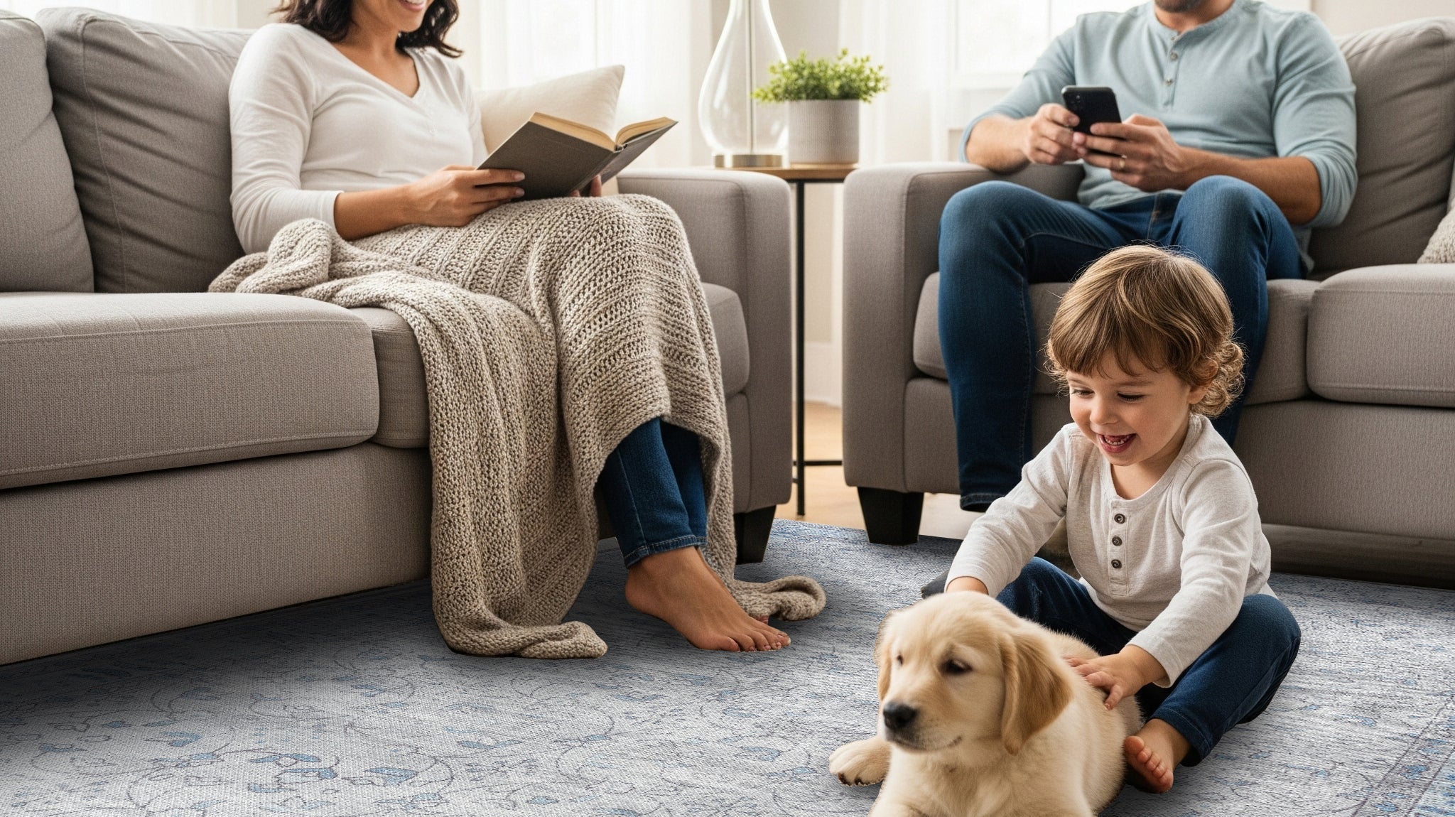 Family with child on a neutral washable area rug in a bright living room, showcasing a family-friendly, stain-resistant rug for summer homes.
