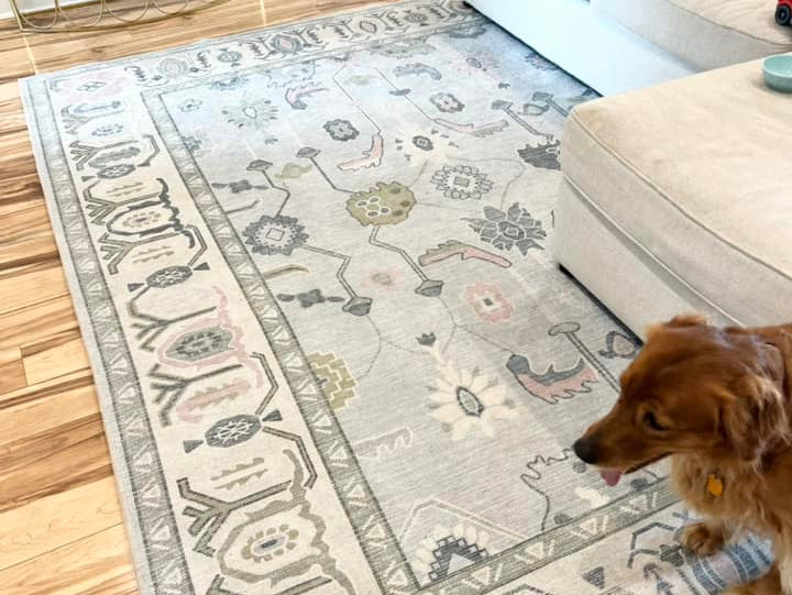 Light blue Oushak rug in a minimalist living room, creating a breezy coastal-inspired atmosphere for summer.