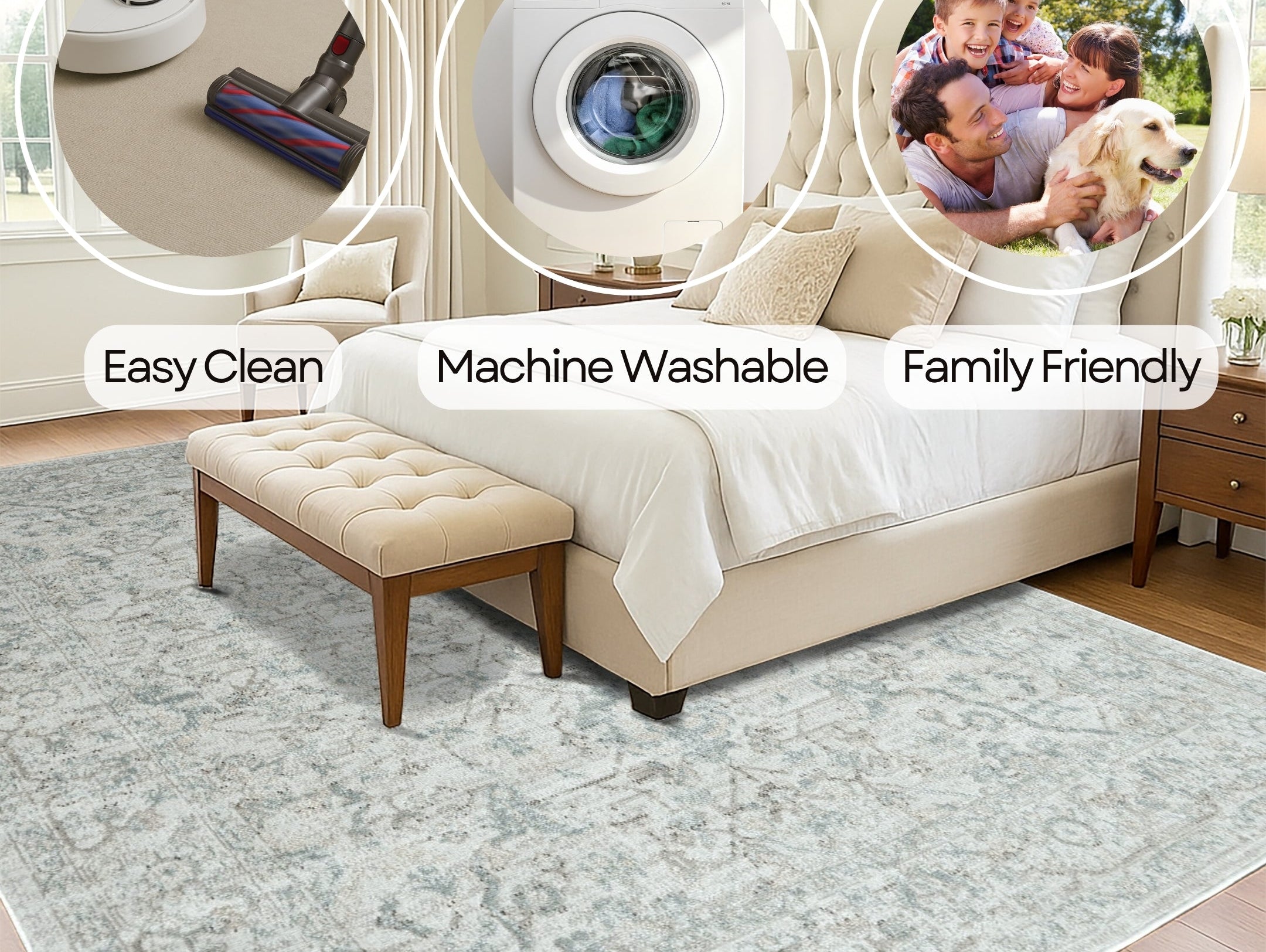 Cozy bedroom featuring a soft, neutral washable rug under the bed, adding warmth and comfort to the space with easy-to-clean practicality.