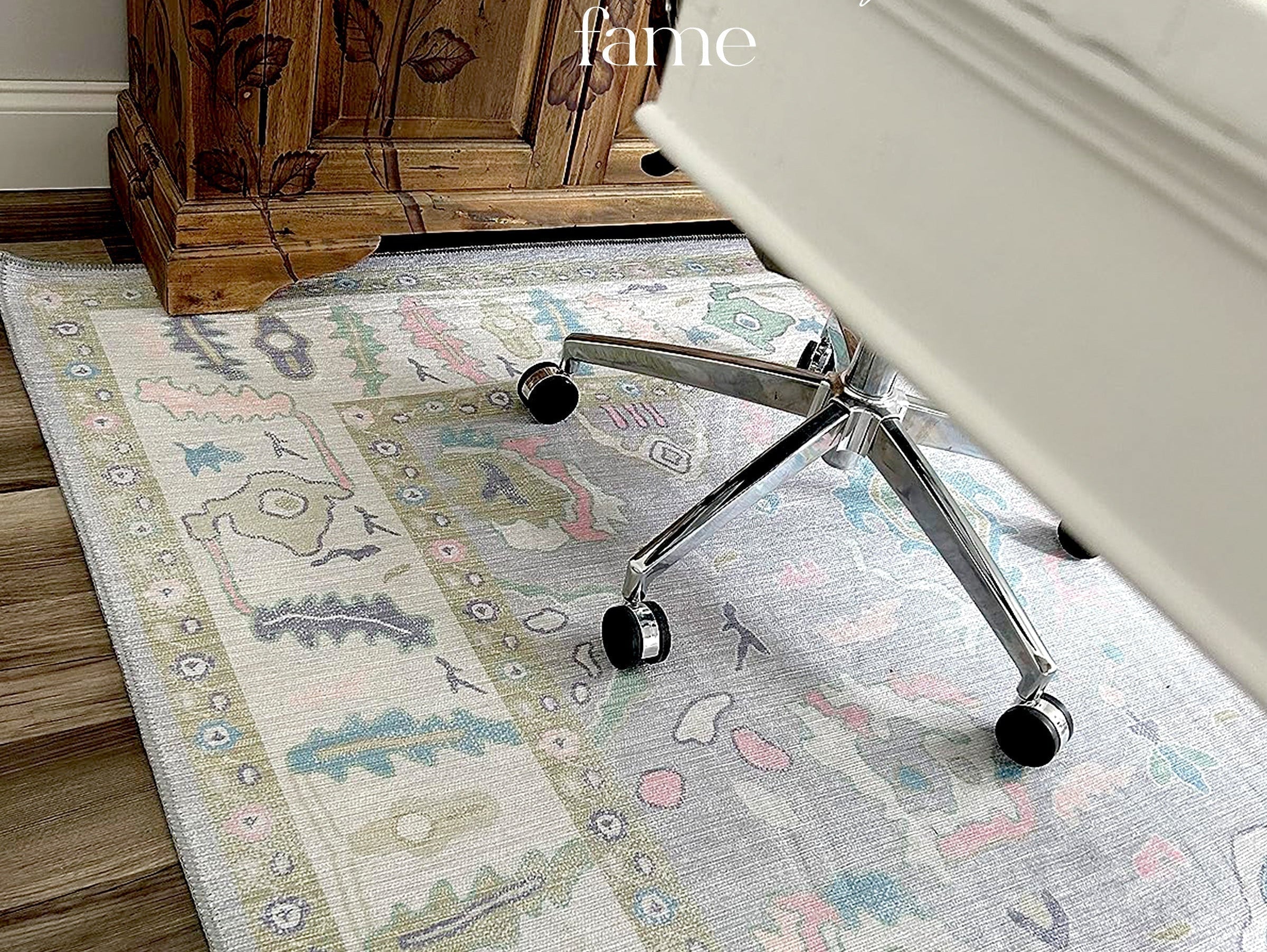 Neutral area rug in a modern home office improving comfort and sound absorption