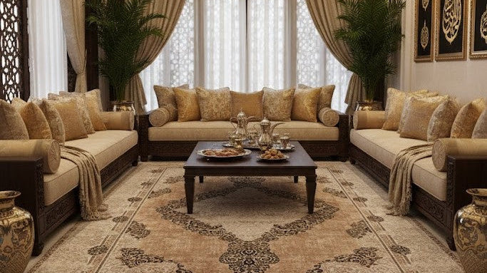 Traditional Bahrain majlis featuring a vibrant Turkish carpet