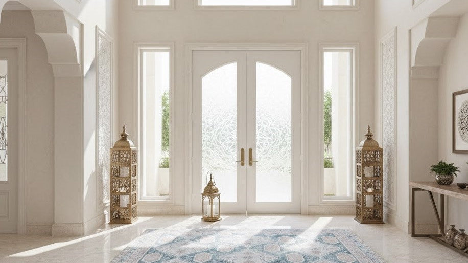 Winter rug styling in a Bahrain home entryway in Manama or Riffa.