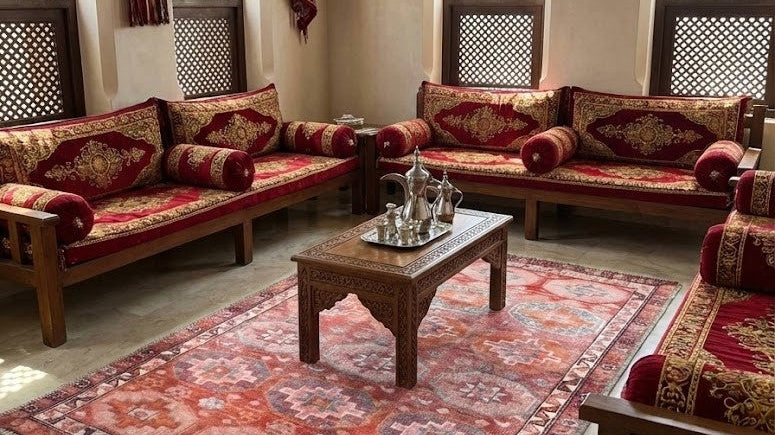 Bold Turkish carpet styled in a living room, showcasing premium design for online carpet shopping in Bahrain with free delivery.