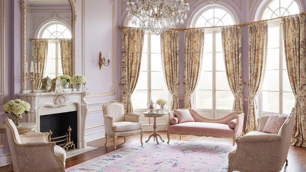 Pink floral area rug in a luxurious ballroom-inspired living room