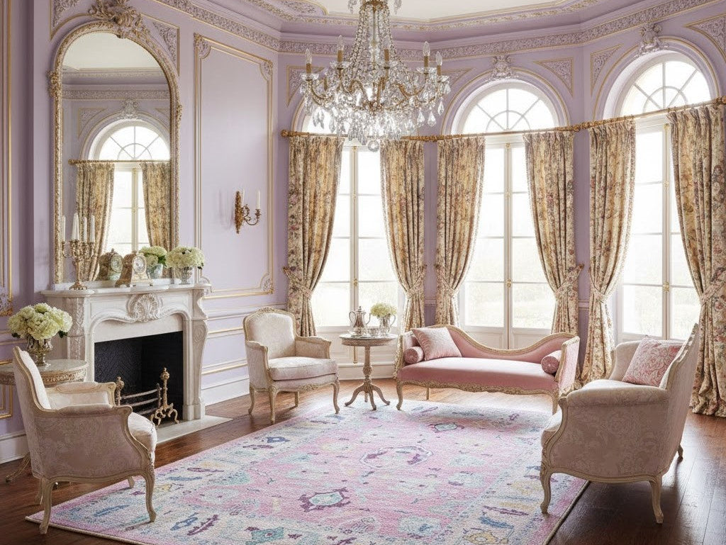 Pink floral area rug in a luxurious ballroom-inspired living room