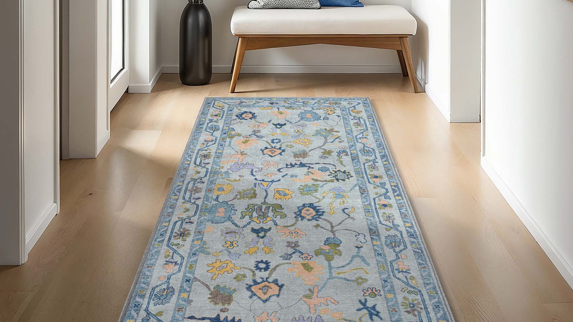 Floral hallway runner rug from Spring 2026 collection adding color to a bright entryway