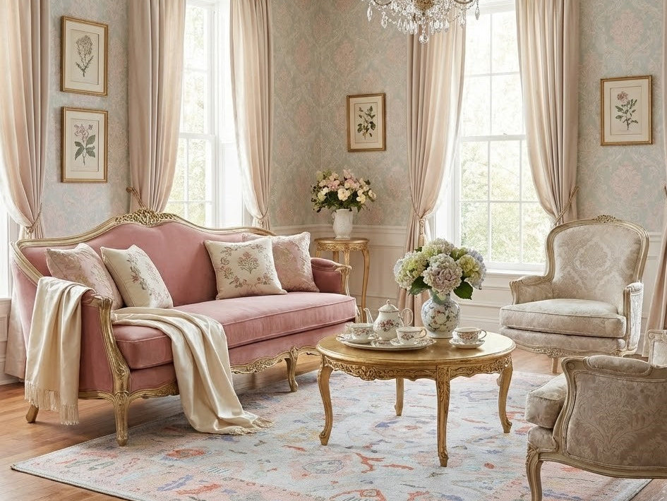 Blush floral area rug in a modern feminine living room with soft neutral decor