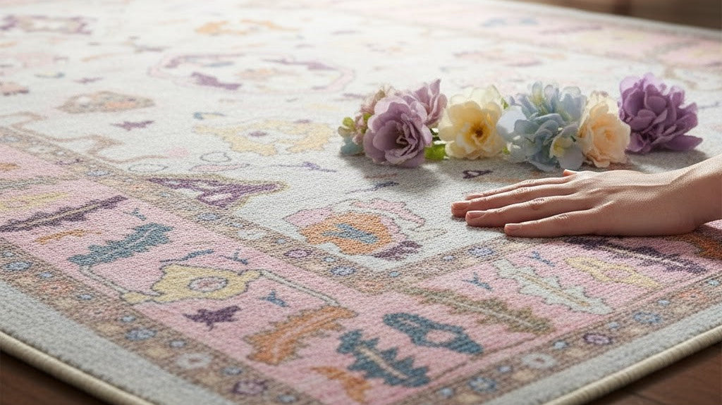 Close-up of a pink floral vintage-style rug inspired by classic English decor