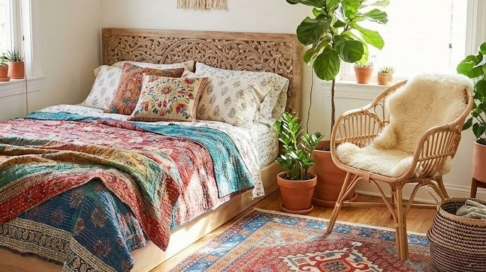 Nature-inspired color rug in a bedroom, featuring tones that create a calm, and a warm sleeping space