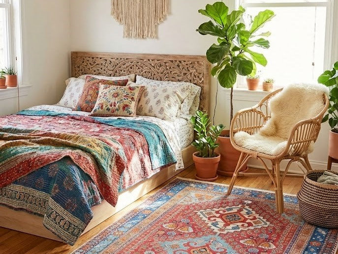 Nature-inspired color rug in a bedroom, featuring tones that create a calm, and a warm sleeping space