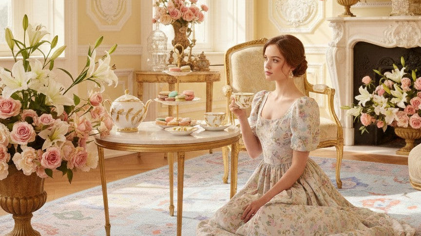 Floral area rug styled in a romantic Regency elegant interior