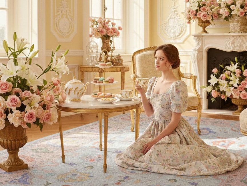 Floral area rug styled in a romantic Regency elegant interior