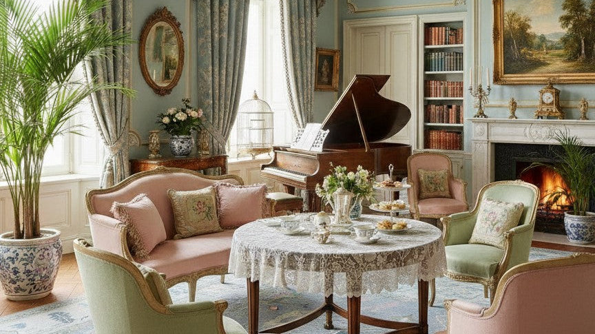 Lavender pastel area rug in a romantic living room inspired by Regency style