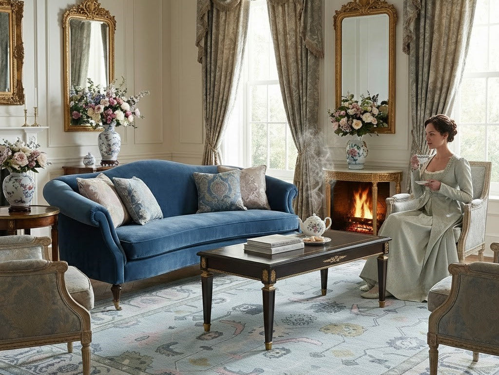 Powder Blue floral rug styled in an elegant traditional interior