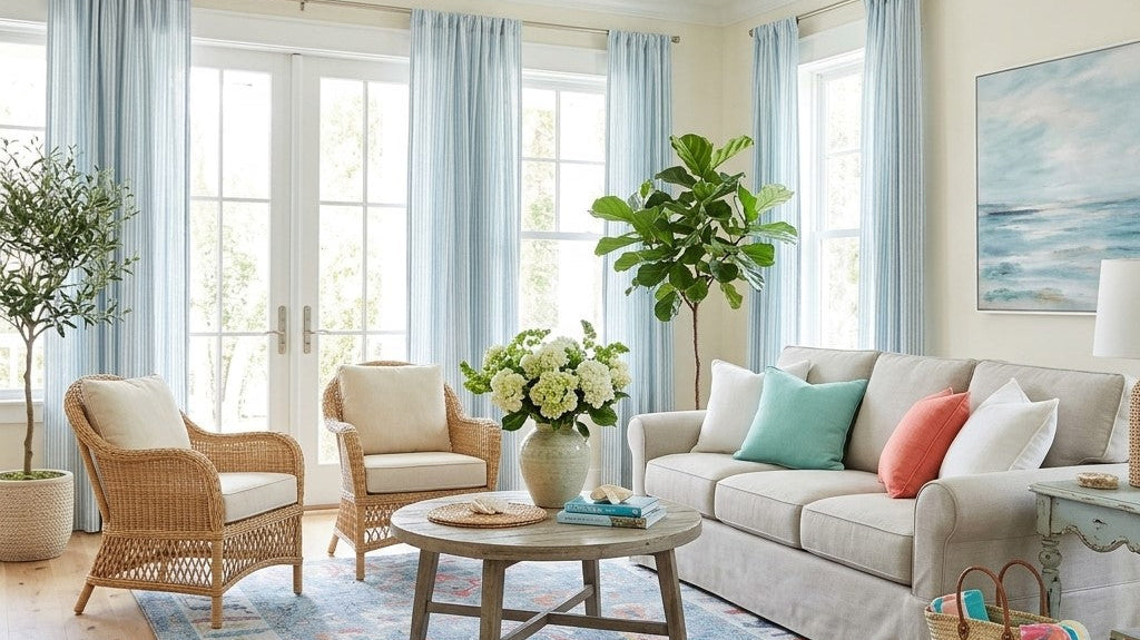 Colorful washable area rug transforming a modern living room into a cheerful summer-inspired space.