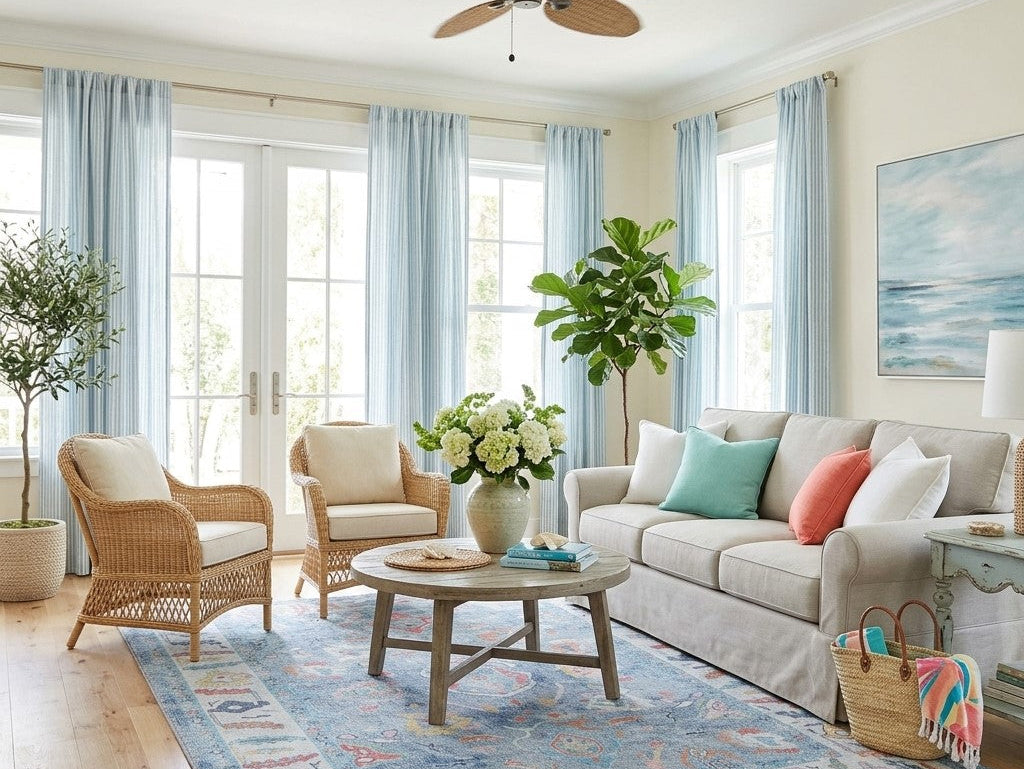 Colorful washable area rug transforming a modern living room into a cheerful summer-inspired space.