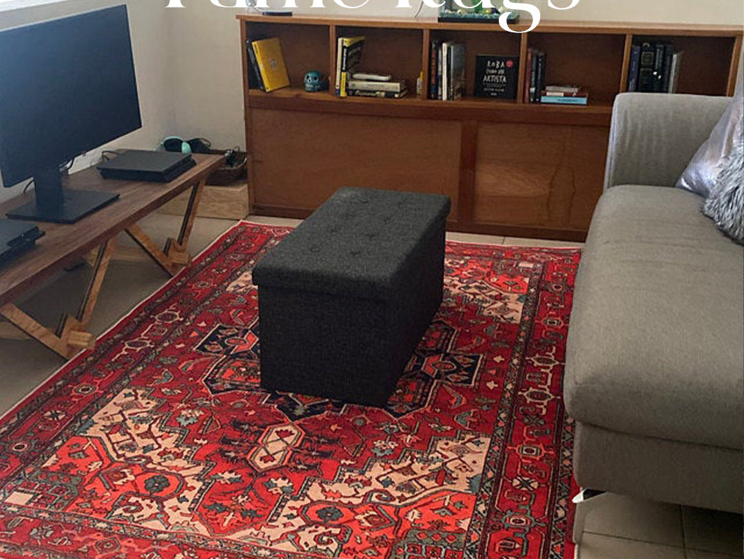 Vintage-style red area rug in a cozy living room with neutral furniture and warm décor accents.
