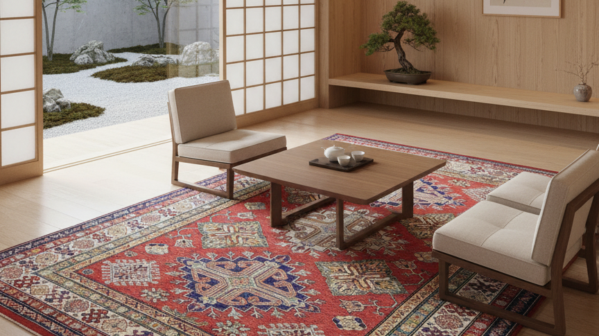 A cozy Japanese living room featuring a traditional Turkish rug with intricate patterns, blending modern minimalist furniture and natural wooden accents for a warm, elegant look.