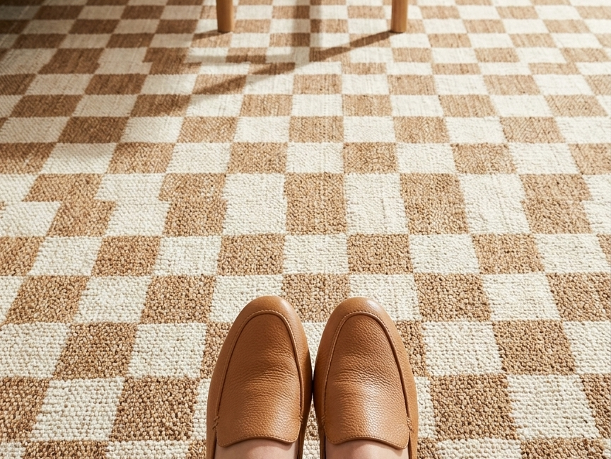 Soft beige and white checkerboard rug in a sunny modern living room with a cozy and luxurious feel