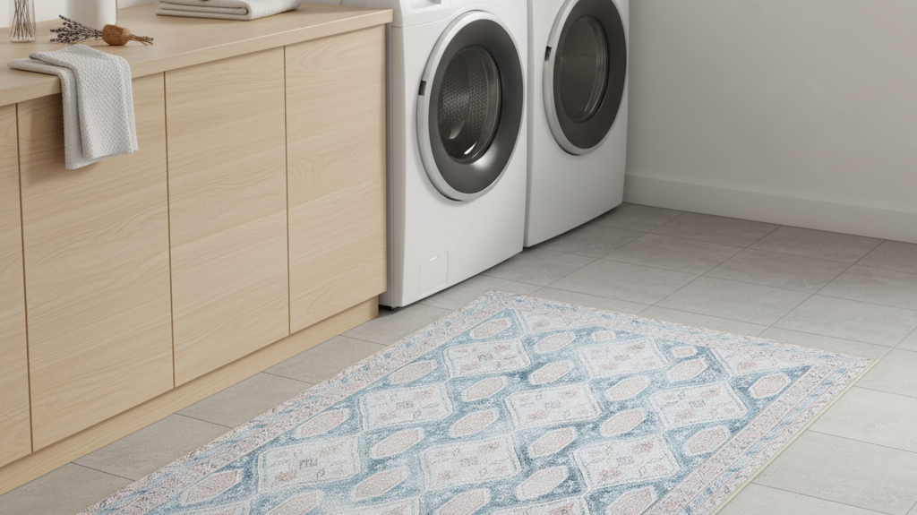 A cozy laundry room in a Japanese home featuring a washable rug that adds comfort and style, complementing the clean, minimalist interior design.