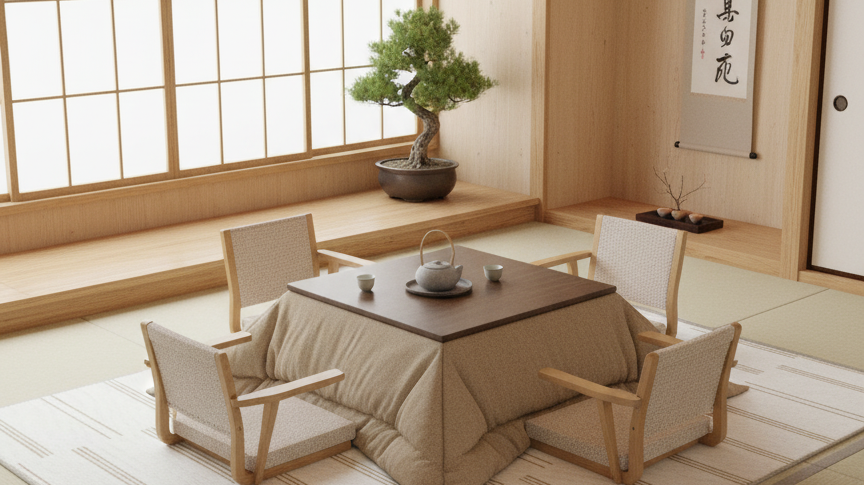 A serene Japanese-inspired living room featuring a minimalist rug that enhances the clean lines, neutral tones, and natural textures of the modern interior.