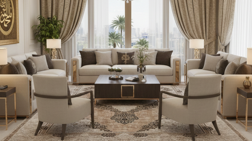 Saudi home interior blending modern dΓ©cor with antique Turkish carpet.