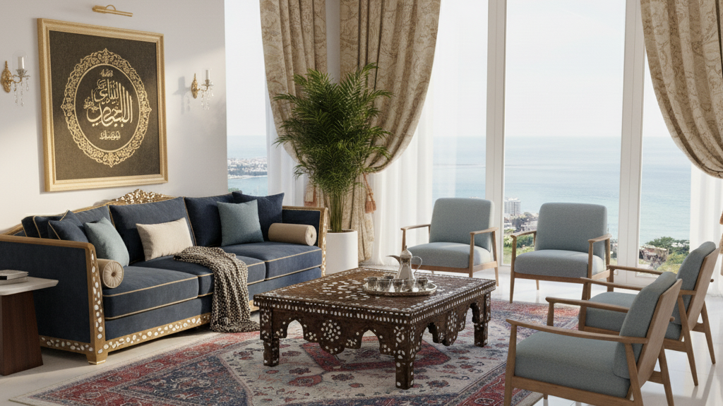 A Riyadh living room featuring an antique carpet with intricate patterns, paired with modern furniture and dΓ©cor for a stylish, balanced interior.