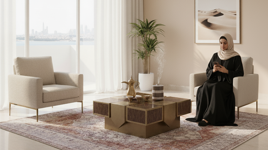Woman sitting in a modern Saudi living room styled with a vintage Persian rug, blending traditional and contemporary design elements