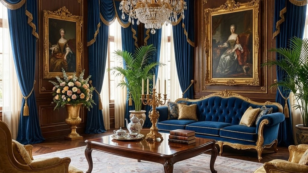 Beige and brown floral area rug in a romantic Regency-inspired living room with elegant decor