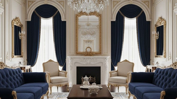 Cream and gold medallion area rug in a luxurious regal living room