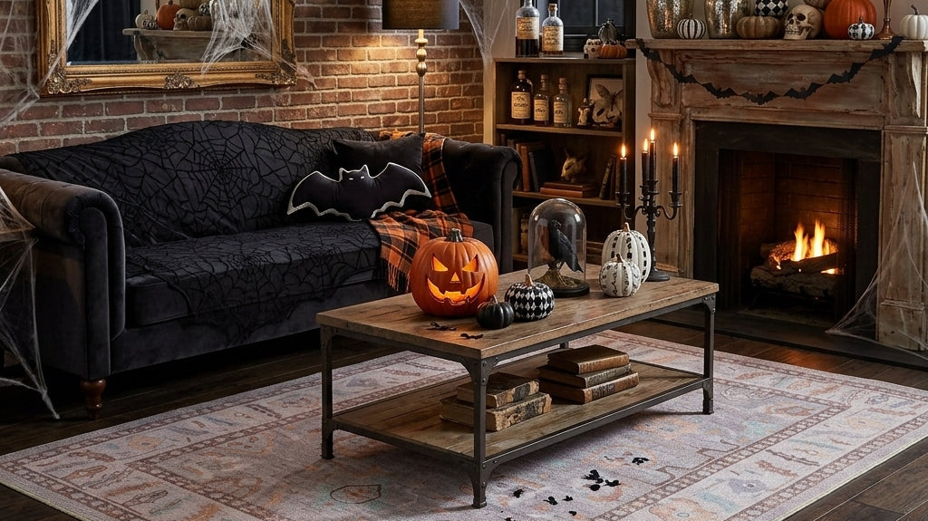 Cozy Halloween living room with a brown Oushak rug, moody seasonal decor, and layered textures for a warm, spooky atmosphere.