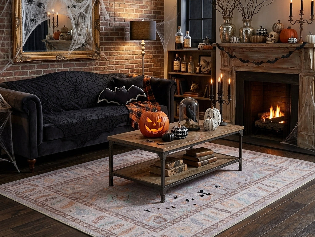 Cozy Halloween living room with a brown Oushak rug, moody seasonal decor, and layered textures for a warm, spooky atmosphere.
