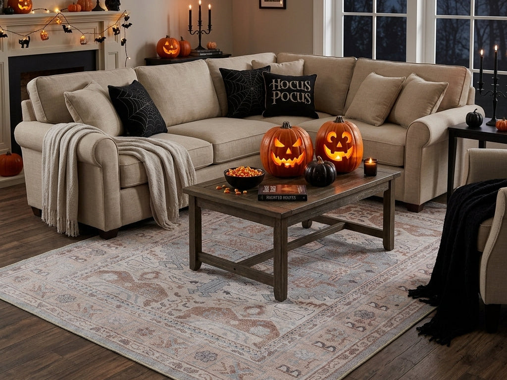 Black and orange Halloween living room decor with a patterned area rug, festive accents, and cozy textures for a stylish seasonal look.