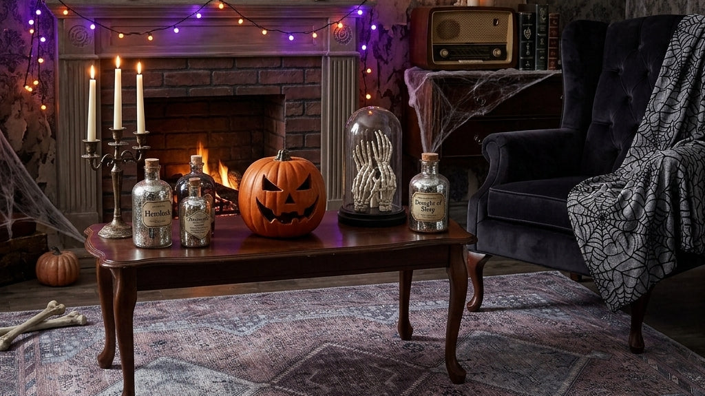 Modern living room with stylish Halloween decorations, a patterned area rug, and cozy seasonal accents blending spooky details with contemporary home decor.