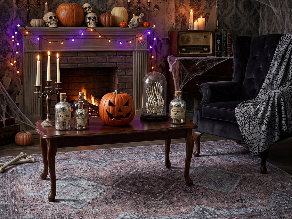 Modern living room with stylish Halloween decorations, a patterned area rug, and cozy seasonal accents blending spooky details with contemporary home decor.