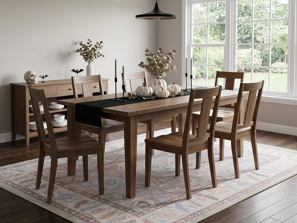 Look photo of a brown rug under a dining table Brown area rug beneath a dining table, adding warmth, natural texture, and modern style to a cozy dining room.