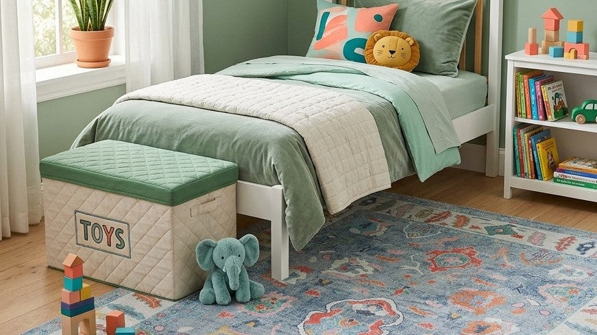 Colorful Oushak-style area rug in a cozy kids bedroom with playful and practical decor