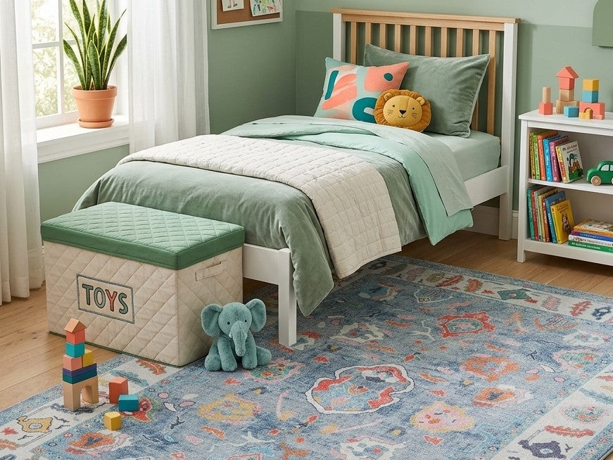 Colorful Oushak-style area rug in a cozy kids bedroom with playful and practical decor