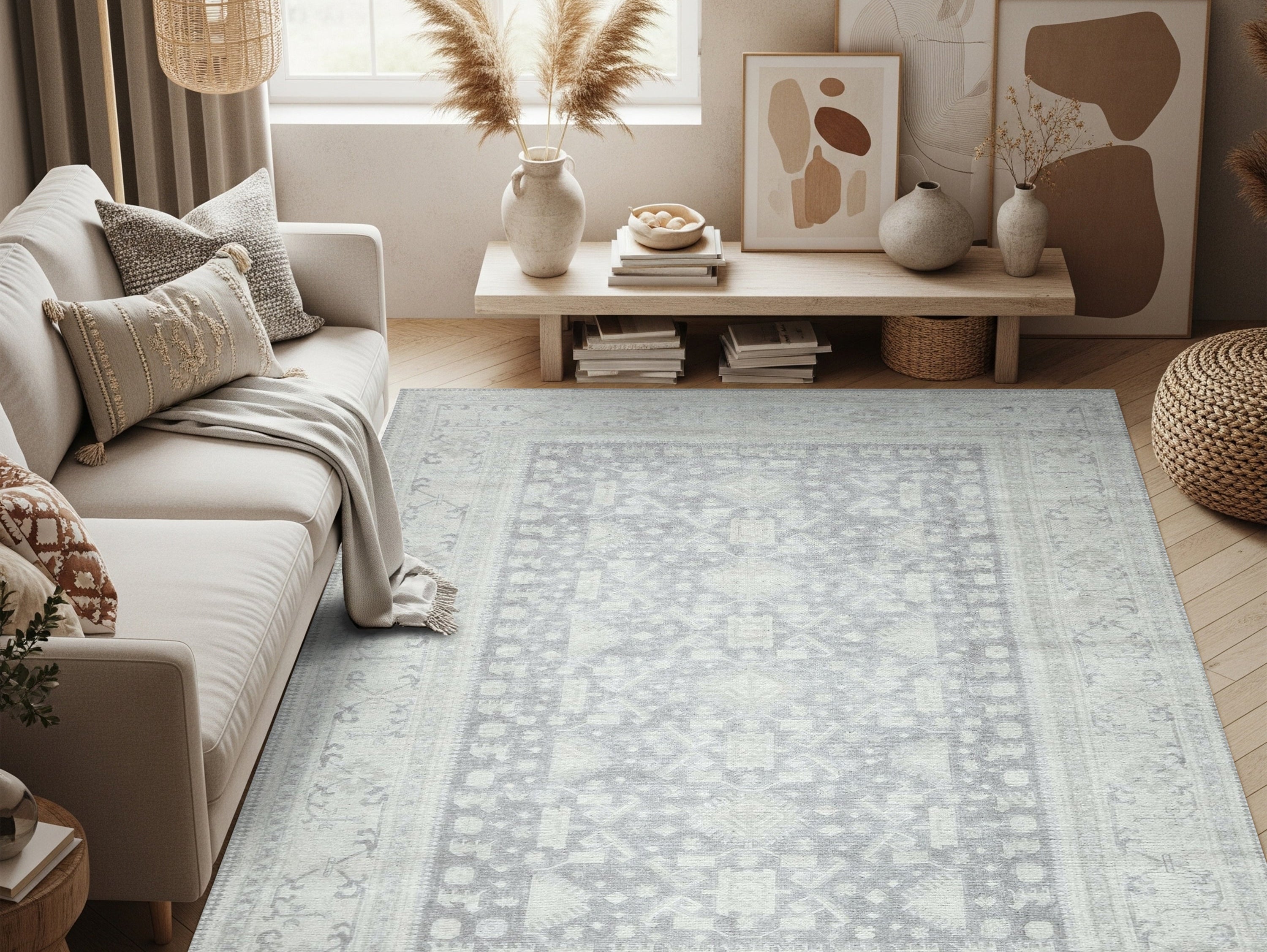 Blue and beige area rug in a neutral living room creating a warm and balanced modern look