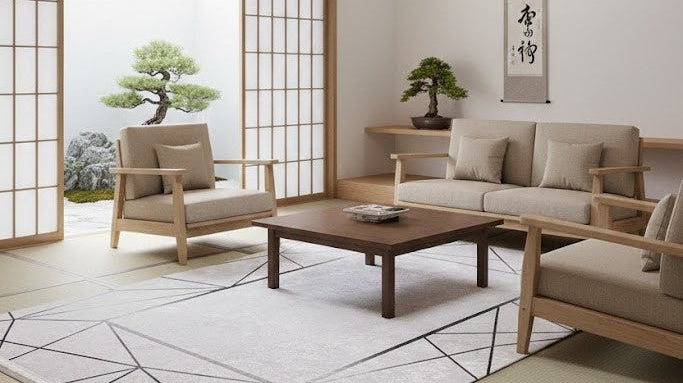 Cozy Japanese-style interior featuring a modern rug in a minimalist living space.