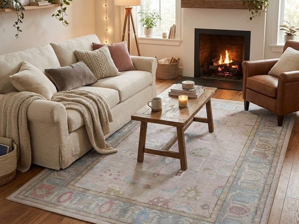 Cozy living room styled with a neutral floral Oushak rug adding warmth, texture, and timeless elegance to the space