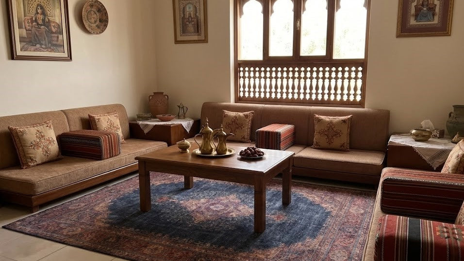 Traditional living room styled with a Persian and Omani-inspired carpet, featuring rich patterns, warm tones, and elegant seating that create a luxurious and inviting atmosphere.
