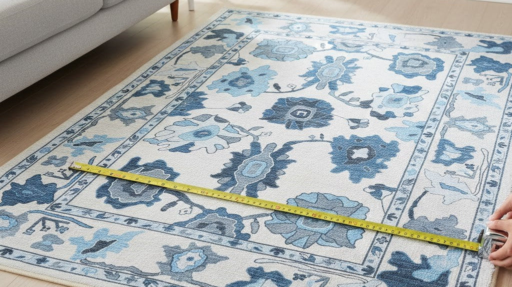 Living room showing a rug measured for proper furniture placement.