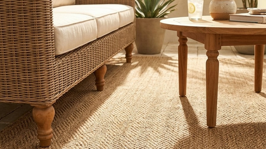 Beige outdoor rug on a sunny patio, creating a fresh and inviting space from the Summer 2026 rug collection.