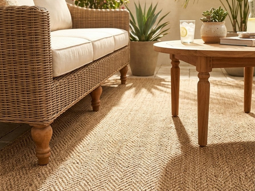 Beige outdoor rug on a sunny patio, creating a fresh and inviting space from the Summer 2026 rug collection.