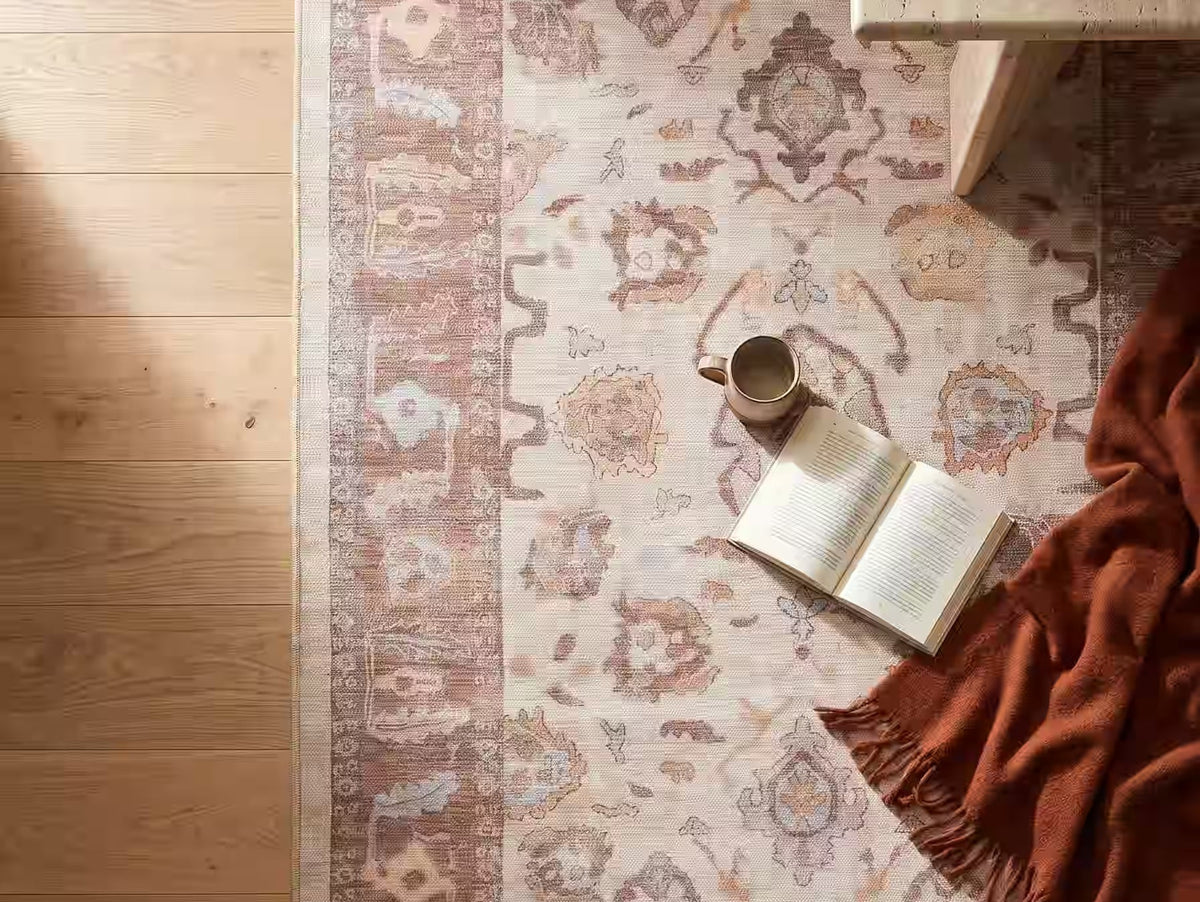 Brown modern Oushak rug adding warmth and cozy style to a fall-inspired home.