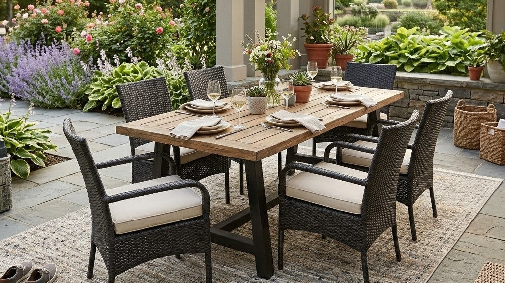 Light neutral area rug under a dining table on a patio creating a cozy and stylish hosting space