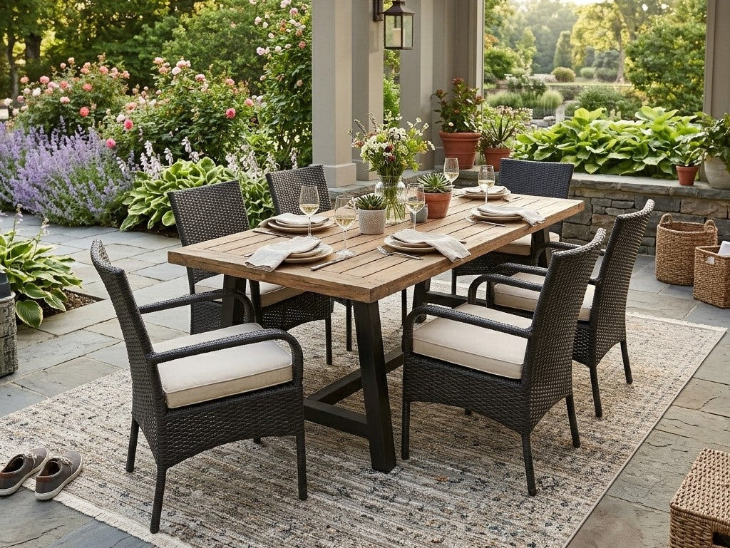 Light neutral area rug under a dining table on a patio creating a cozy and stylish hosting space