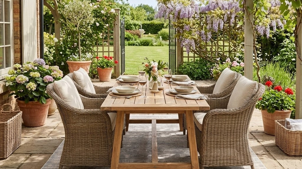 Neutral outdoor rug under a dining table on a summer patio, creating a cozy and stylish space for outdoor entertaining.