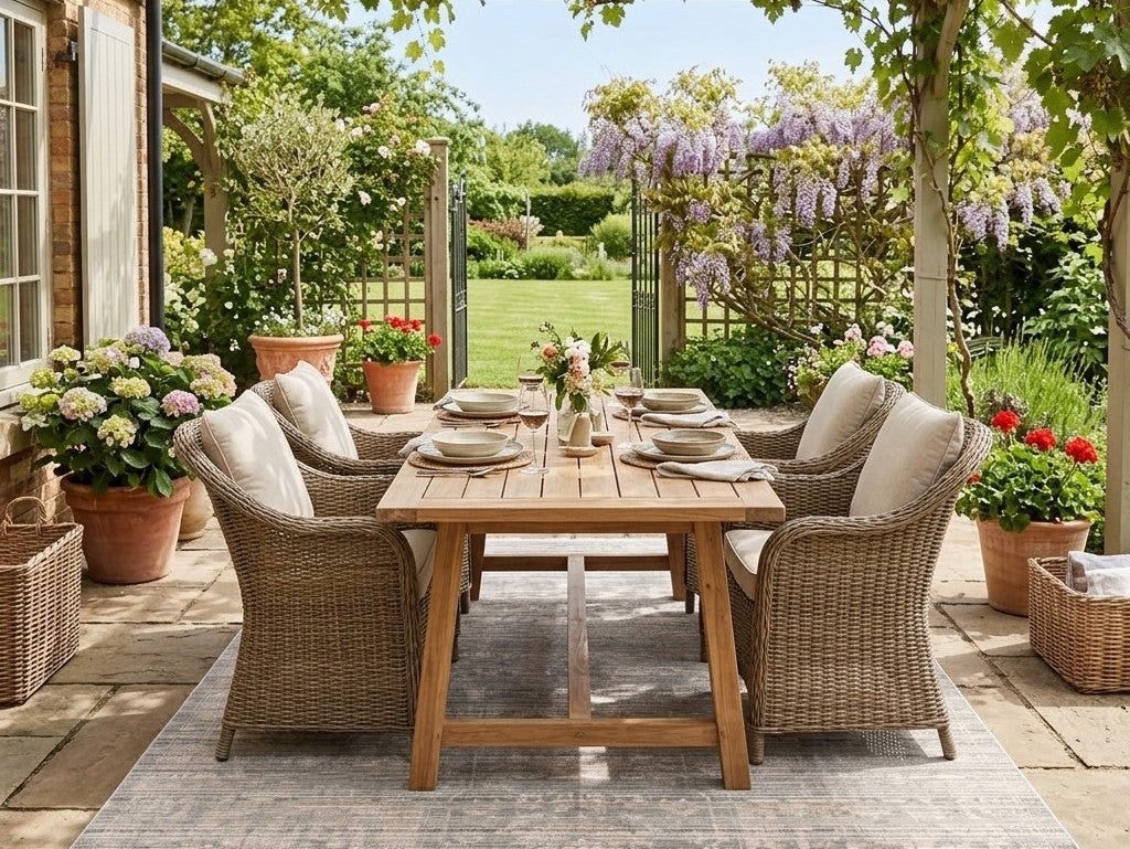Neutral outdoor rug under a dining table on a summer patio, creating a cozy and stylish space for outdoor entertaining.